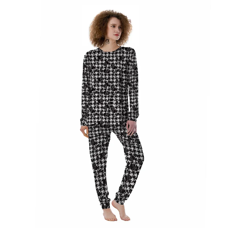 Houndstooth And Black Rose Print Pattern Women's Pajamas