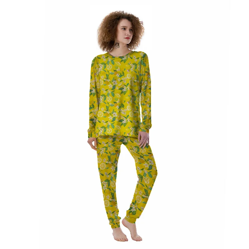 Lemon Yellow Topic Fruits Print Pattern Women's Pajamas