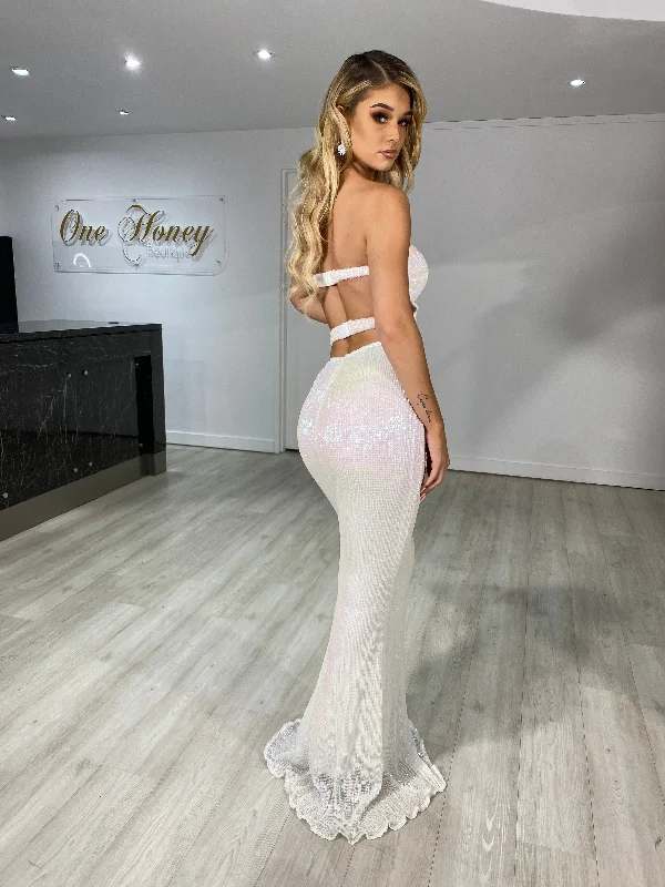 Honey Couture ELISE Holo Silver Sequin Low Back Mermaid Evening Gown Dress