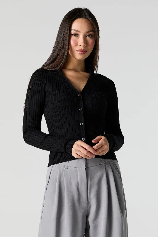 Ribbed Knit Collared Button-Up Sweater