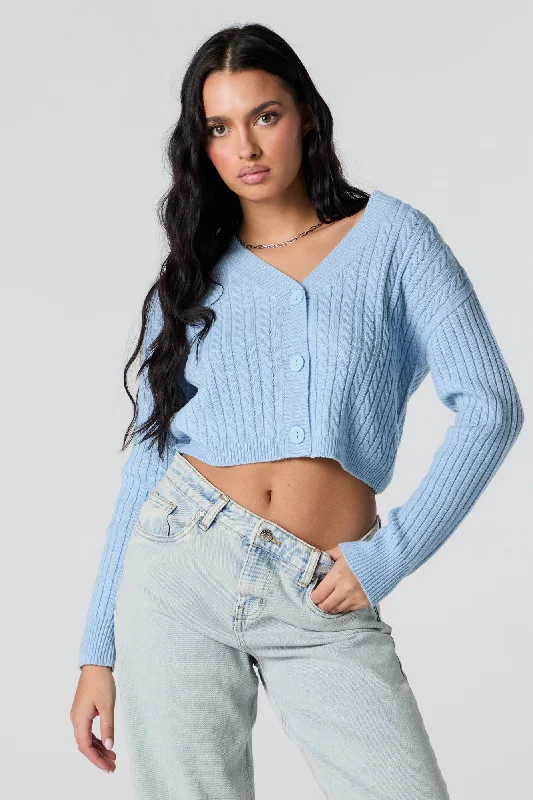 Cable Knit Button-Up Cropped Cardigan