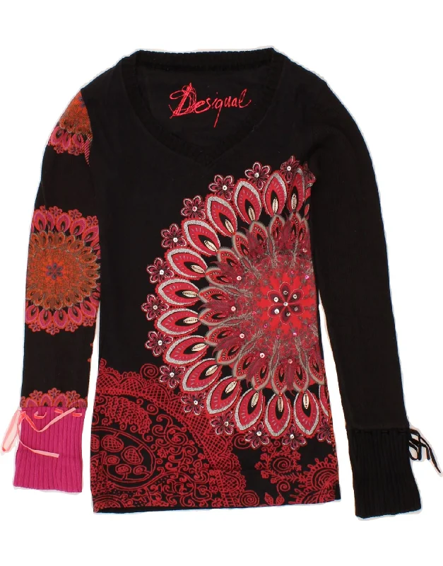 DESIGUAL Womens Graphic V-Neck Jumper Sweater UK 4 XS Black Floral