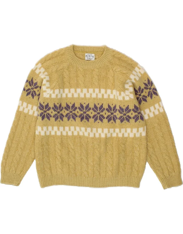 SISLEY Womens Crop Crew Neck Jumper Sweater UK 14 Large Yellow Fair Isle