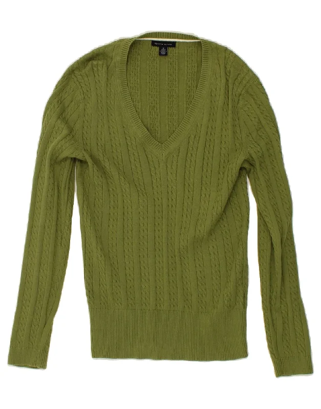 TOMMY HILFIGER Womens V-Neck Jumper Sweater UK 12 Medium Green Cotton