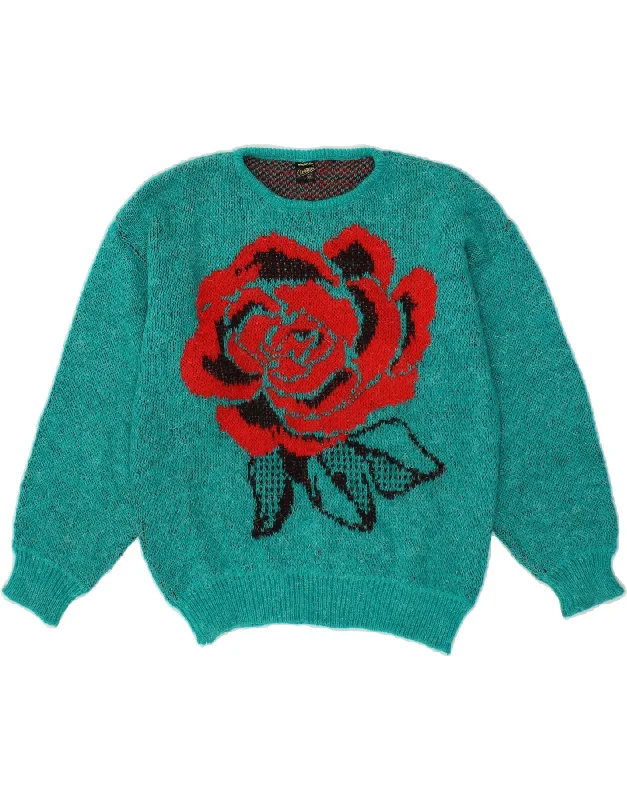 VINTAGE Womens Crew Neck Jumper Sweater IT 48 XL Turquoise Floral