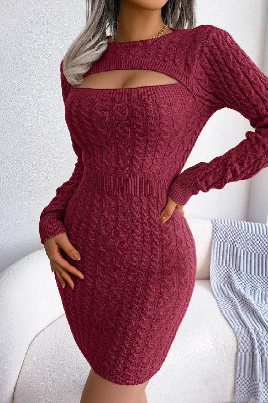 Cutout Fisherman Cable Knit Bodycon Sweater Mini Dress - Burgundy