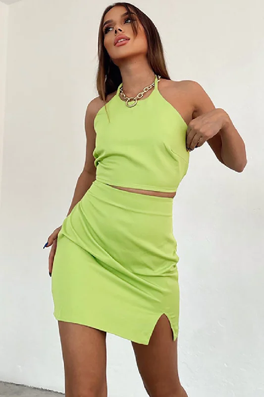 Halter Crop High Waist Split Skirt Two Piece Mini Dress - Green