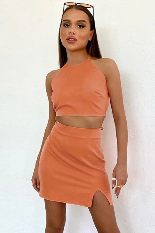 Halter Crop High Waist Split Skirt Two Piece Mini Dress - Orange