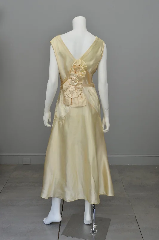 1920s 30s Cream Satin Florette Swag Dress