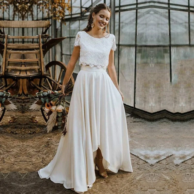 Wedding Dresses Two Pieces Lace Top with Short Sleeve Bridal Gown