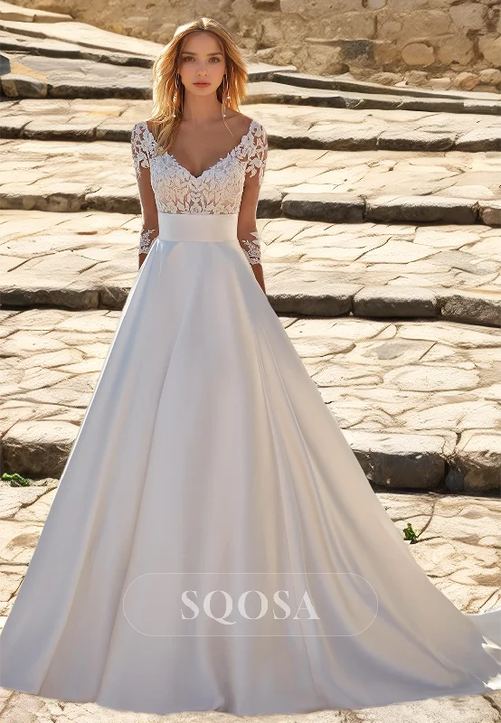 Half-Sleeves V-Neck Strapless Applique Sheer Satin A-Line Wedding Dress with Train