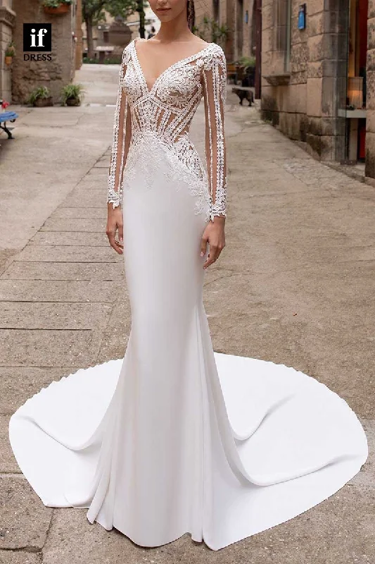 71190 - Elegant Long Sleeves V-Neck Lace Mermaid/Trumpet Bohemian Wedding Dress