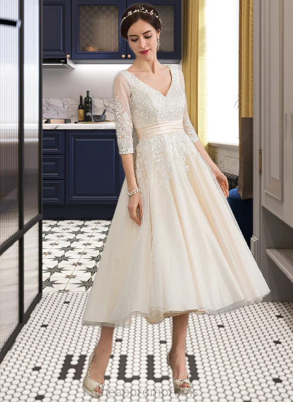 Morgan Ball-Gown/Princess V-neck Tea-Length Tulle Wedding Dress STIP0013731