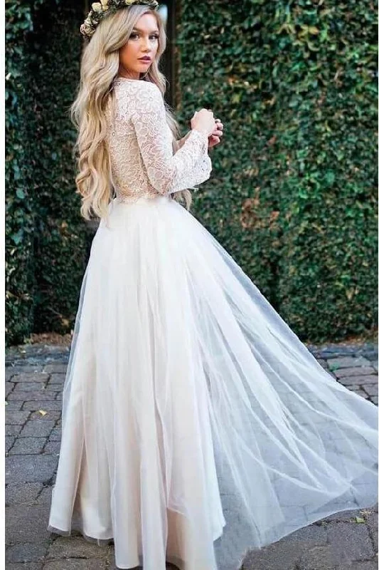 Princess Long Sleeve Lace Top Beach Wedding Dresses With Slit Tulle Ivory Wedding Gowns STI15299