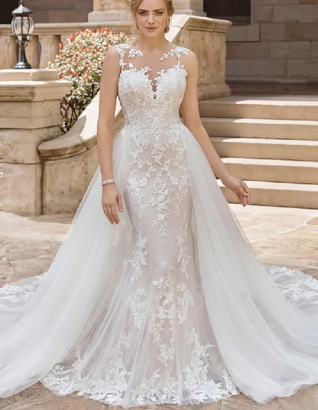 Sexy Backless Lace Appliqued Wedding Dresses Sheath Champagne Bridal Gowns With Detachable Train