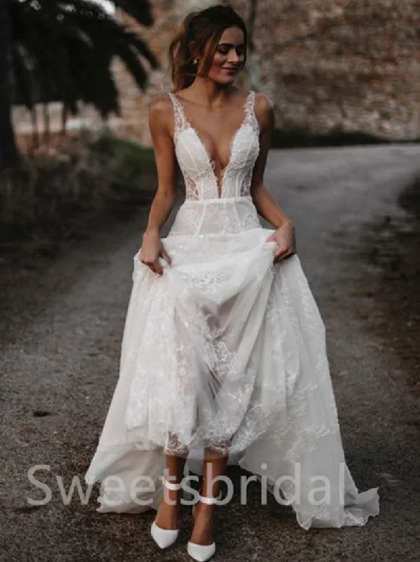 Sexy V-neck Spaghetti straps Sweetheart A-line Lace applique Wedding Dresses, DB0193