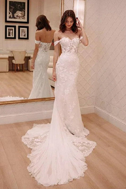 Sheath Off-the-Shoulder White Mermaid Chiffon Lace Appliques Beach Wedding Dresses WK328