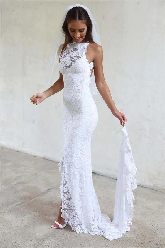 Sheath White Mermaid Round Neck Sweep Train Open Back Lace Wedding Dress with Split WK26