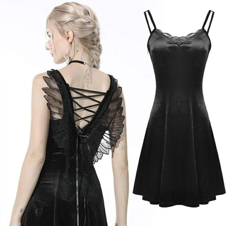 Women's Gothic Strappy Wing Black Slip Dress Wedding Dress