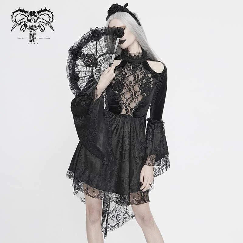 Women's  Vintage Gothic Black Lace Over-lay Short Dress with Full Flared Sleeves Wedding Dress