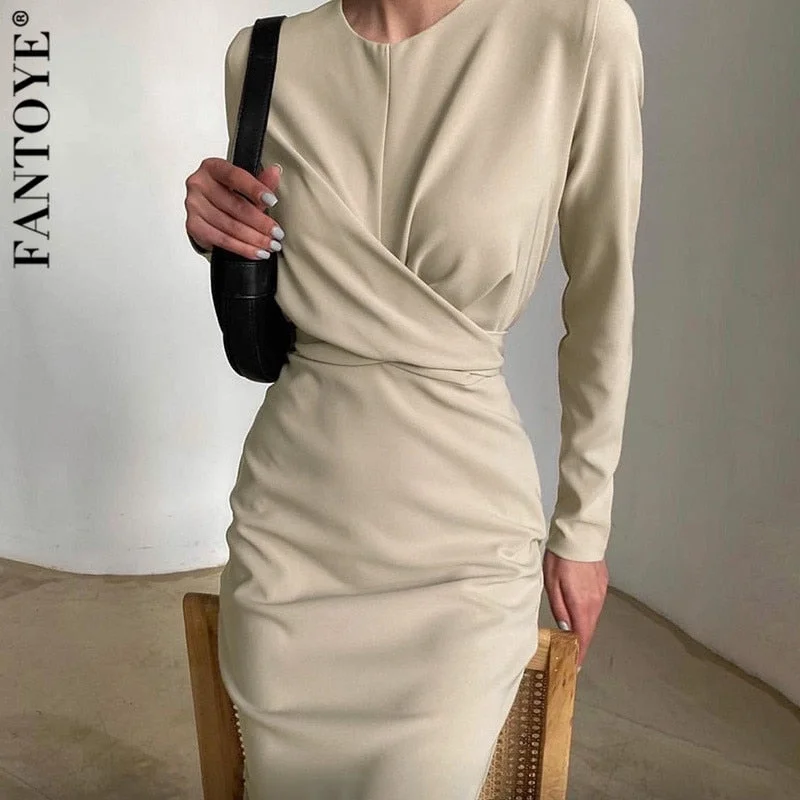 Awakecrm Elegant Solid Twist Midi Dress For Women O-neck Long Sleeve Bodycon Pencil Dresses Partywear Pleated Back Split Vestidos