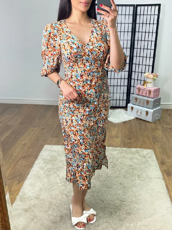 Rosie Tan Multi Colour Floral Print V Neck Midi Dress