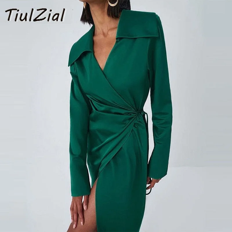 Awakecrm Green Long Sleeve Satin Wrap Midi Dress  Nothed Lace Up Bandage Club Party Dress High Waist Vintage Shirt Dresses