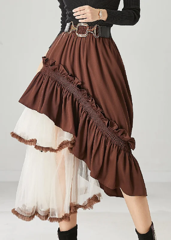 Chic Brown Asymmetrical Patchwork Ruffled Tulle Skirts Spring