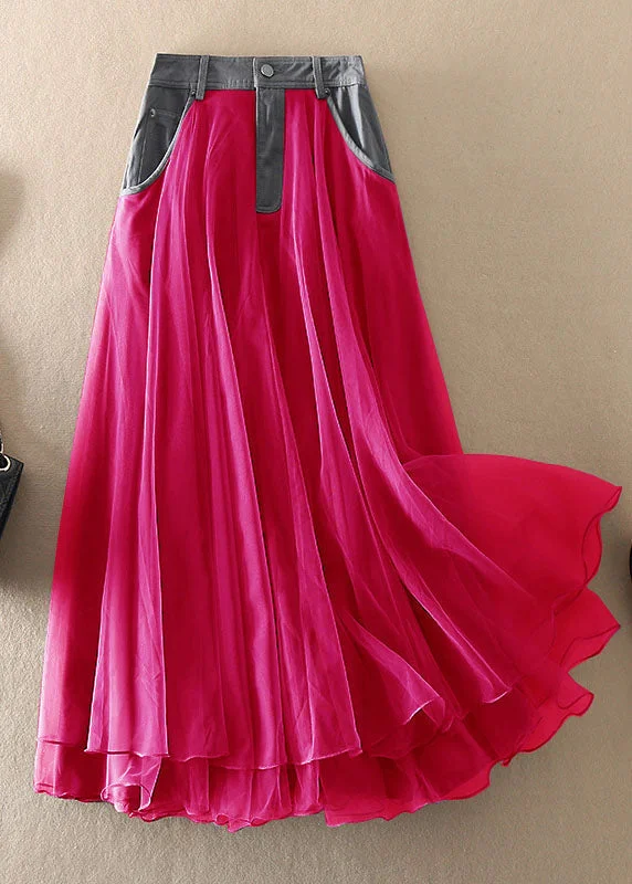 Natural Red high waist Patchwork Tulle Skirts Spring