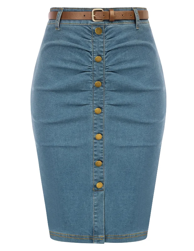 Vintage Jean Skirt with Belt High Waist Ruched Front Bodycon Skirt