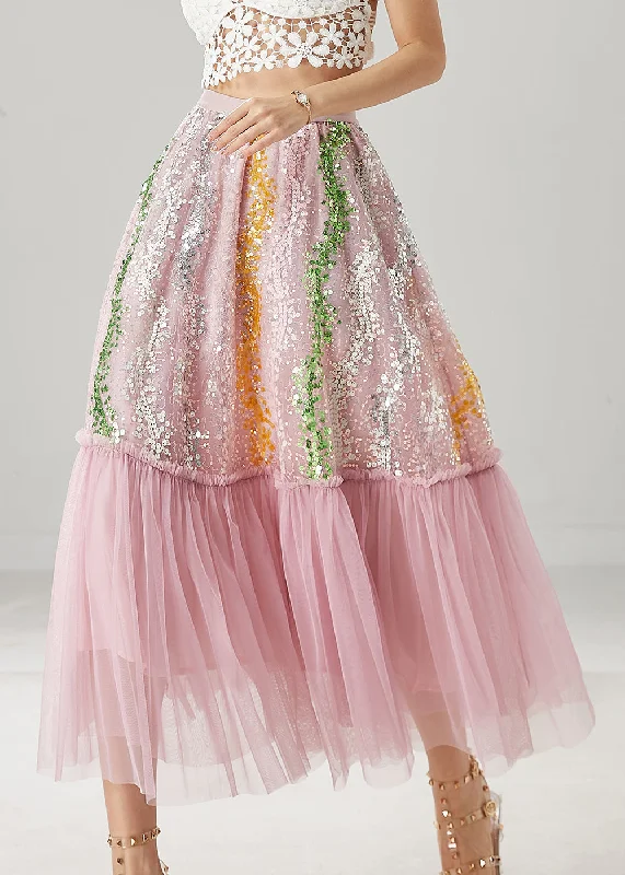 Women Pink Sequins Patchwork Tulle Skirts Spring