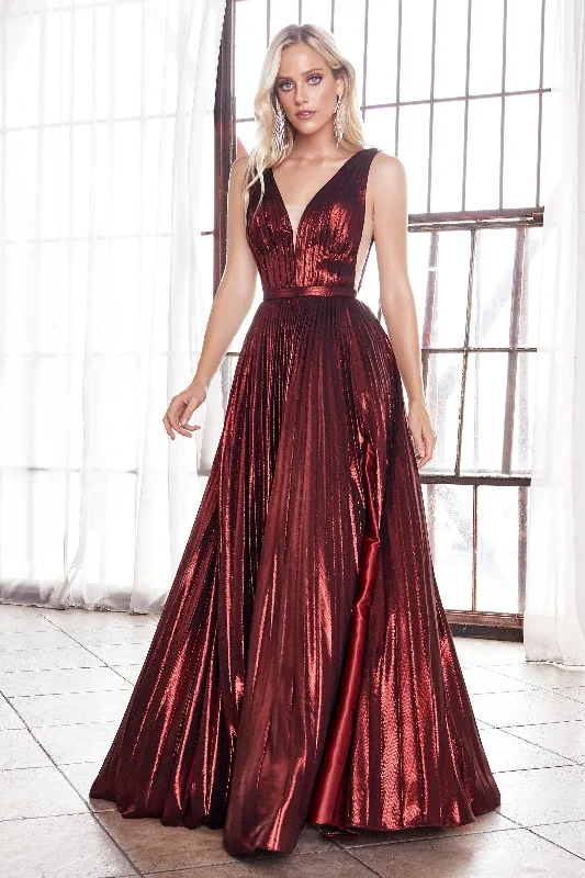 Cinderella Divine CD160 Long Formal Metallic Pleated Prom Dress