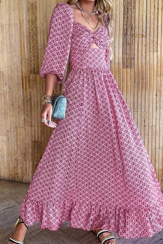 WOMEN BOHEMIAN PATTERN 3/4 SLEEVE BOHO LONG DRESS