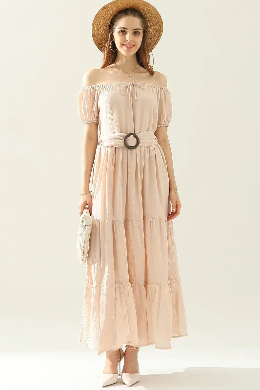 TIERED OFF SHOULDER SHORT SLEEVE MAXI DRESS