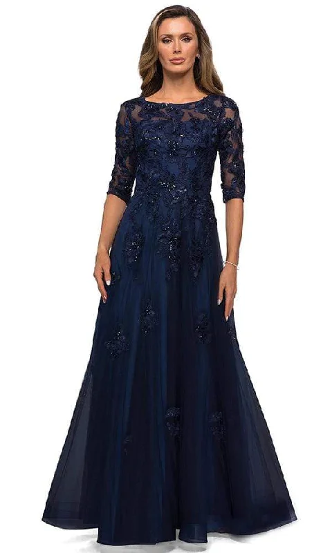 La Femme - Quarter Sleeve Beaded Lace A-line Gown 27922SC