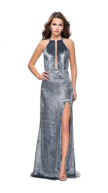 La Femme - Velvet High Halter Evening Dress 25861SC