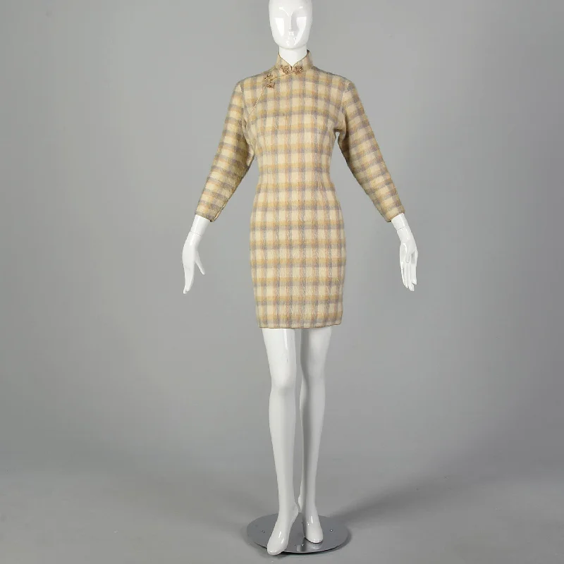 1960s Small Plaid Mohair Cheongsam Dress