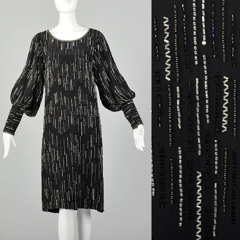 1980s Argenti Black Silk Beaded Dress