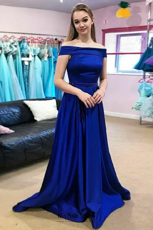 A line Off Shoulder Sleeve Royal Blue Prom Dress