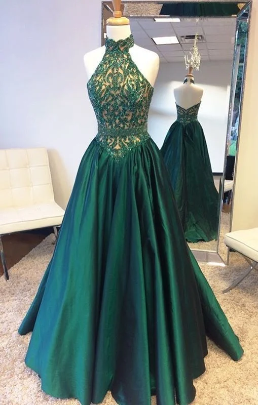 A line Sexy Open Back Halter Neckline Dark Green Prom Dress