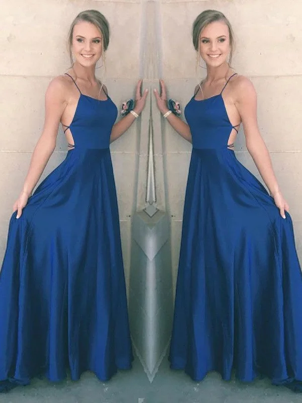 A Line Spaghetti Straps Backless Satin Royal Blue Prom Dresses, Royal Blue Formal Dresses, Graduation Dresses