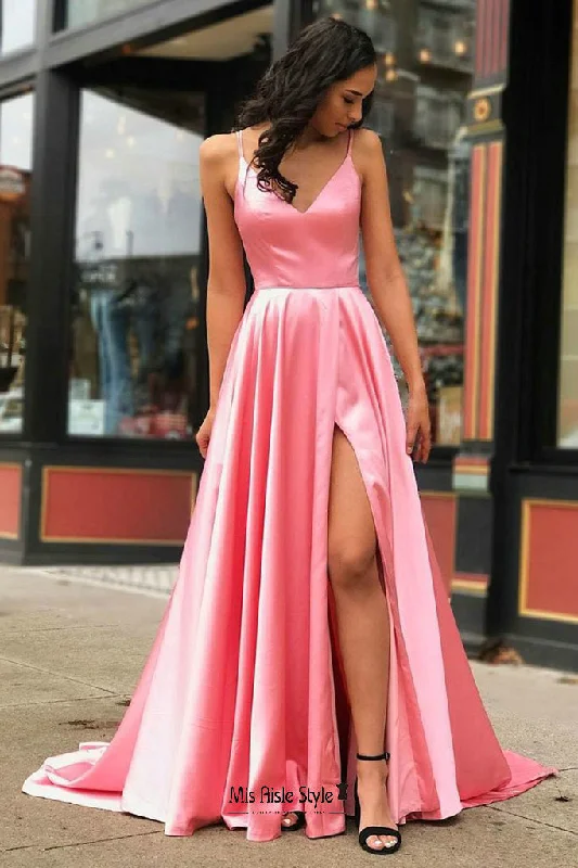 A line Spaghetti Straps Split Prom Dress