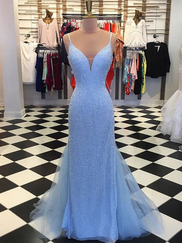 V Neck Mermaid Backless Light Blue Prom Dresses, Light Blue Formal Dresses