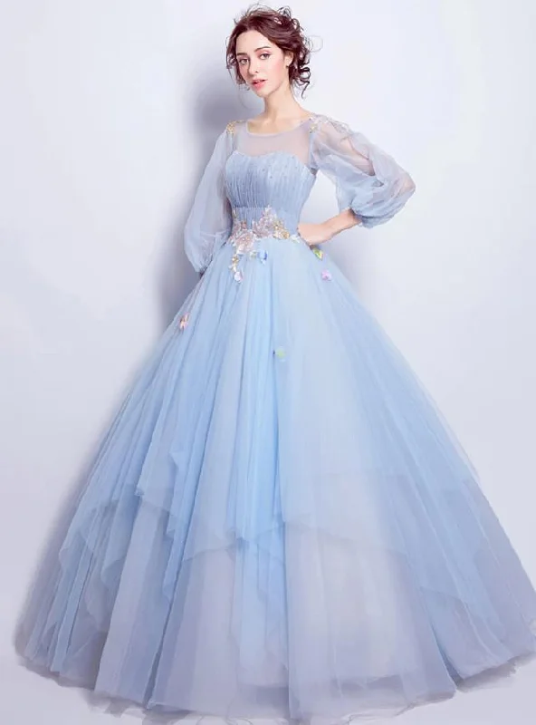 Ball Gown Elegant Floral Puffy Quinceanera Engagement Dress Illusion Neck 3/4 Length Sleeve Floor Length Tulle with Pleats Appliques