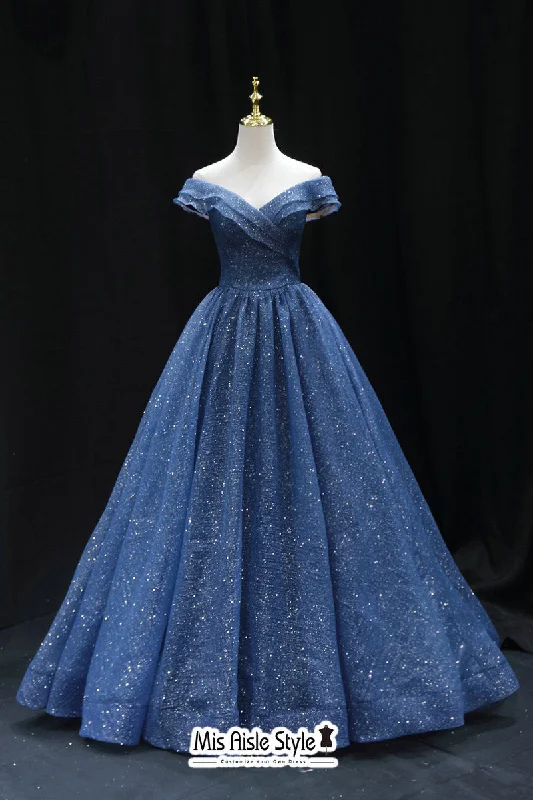 Ball Gown Off Shoulder Sleeve Navy Blue Sparkle Prom Dress