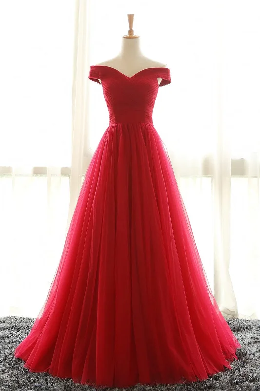 Ball Gown Off Shoulder Sleeve Red Prom Dress