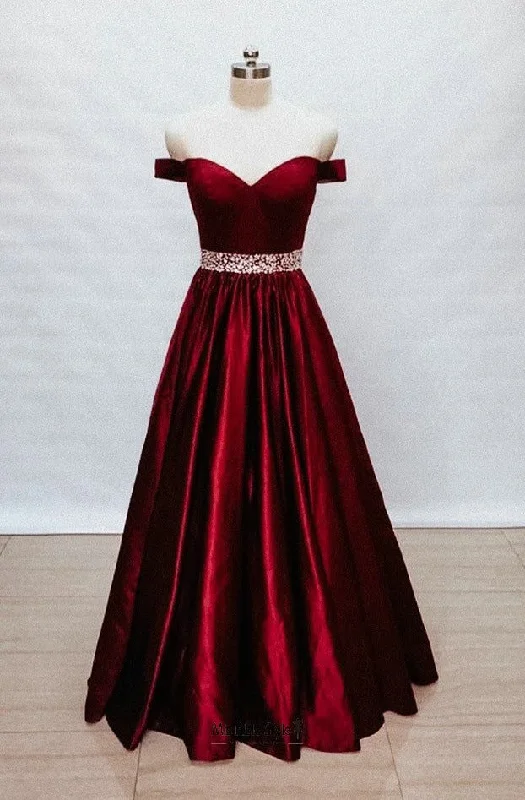 Ball Gown Off Shoulder Sleeves Burgundy Prom Dress