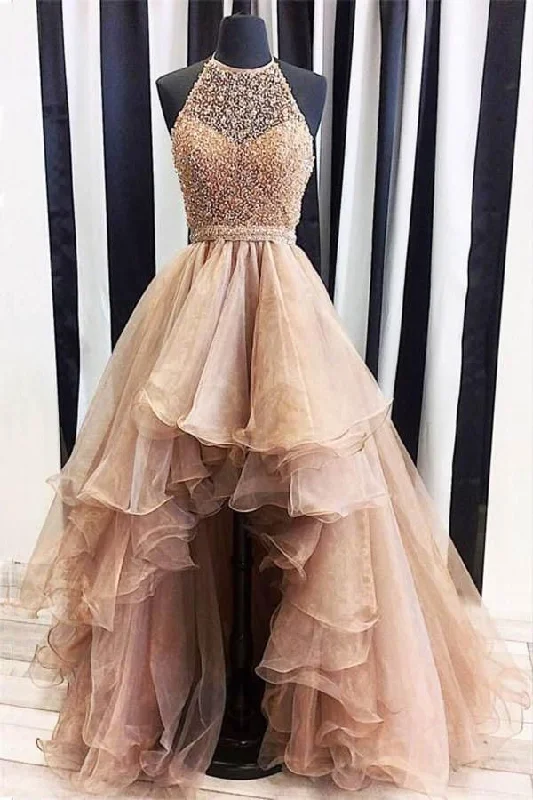 Beaded Coffee High Low Prom Dress