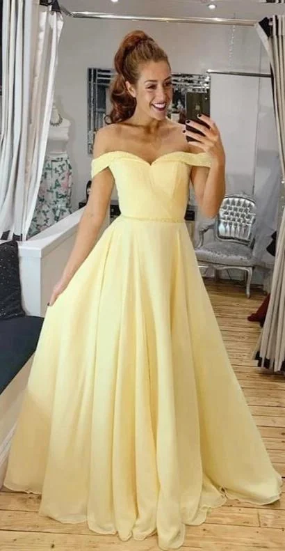 Beaded Off Shoulder Sleeve Yellow Prom Dress