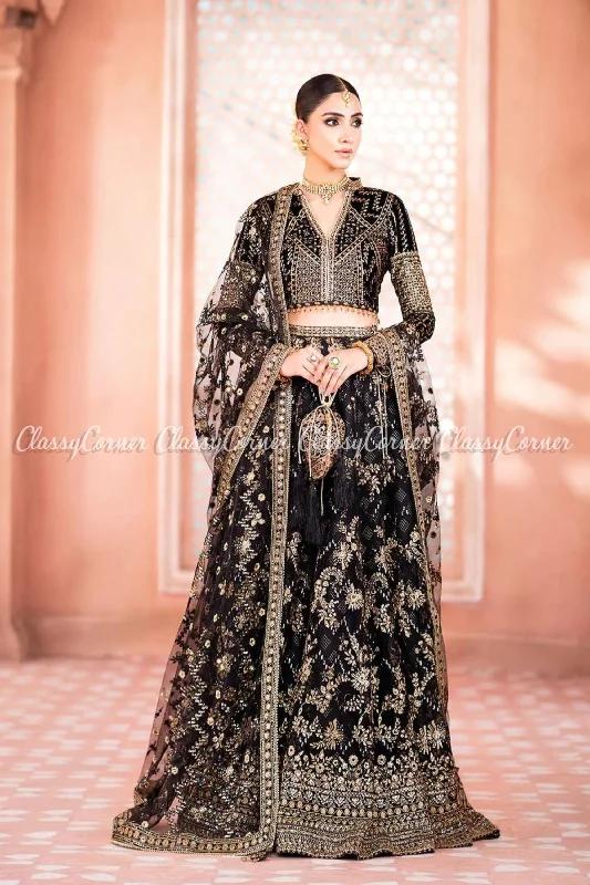 Black Golden Velvet Net Embroidered Lehenga